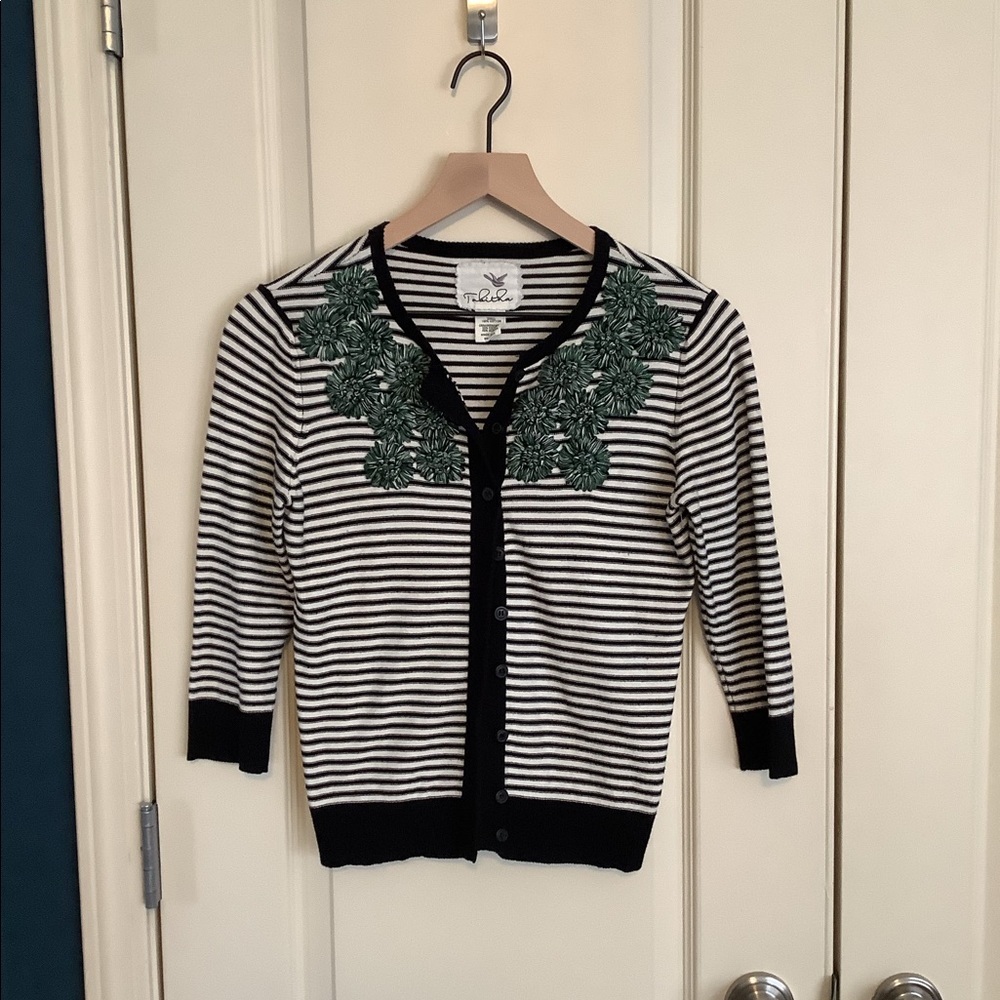 Anthropologie Tabitha Striped Moss Cardigan Black White Size Small
